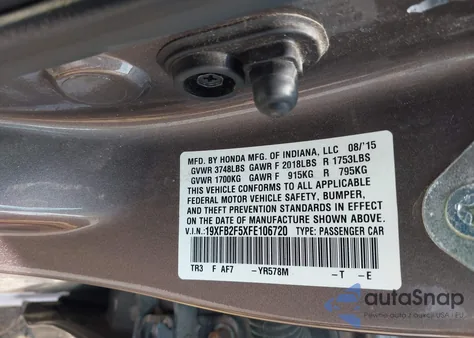 2015 Honda Civic Lx from USA, damaged, VIN 19XFB2F5XFE106720